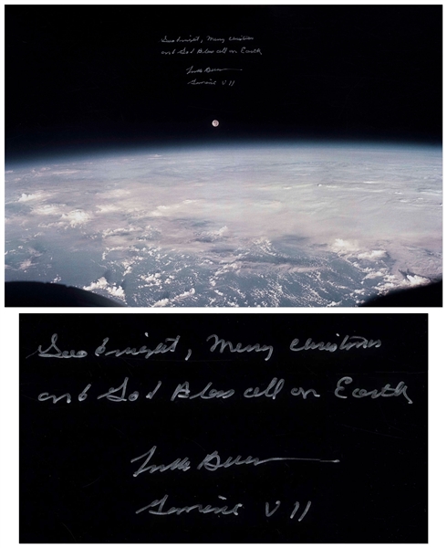 Frank Borman Signed 20'' x 16'' Photo of the Earth and Moon -- ''...Good night, Merry Christmas and God Bless all on Earth...''