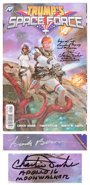 Apollo Astronauts Charlie Duke and Frank Borman Signed Copy of ''Trump's Space Force'' -- Duke Writes ''Sign me up, President Trump and Melania''