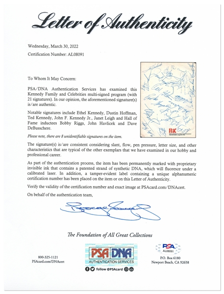 John F. Kennedy, Jr. Signature -- Plus Signatures of Dustin Hoffman, Ted Kennedy, Janet Leigh, Bobby Riggs & More -- With PSA/DNA COA