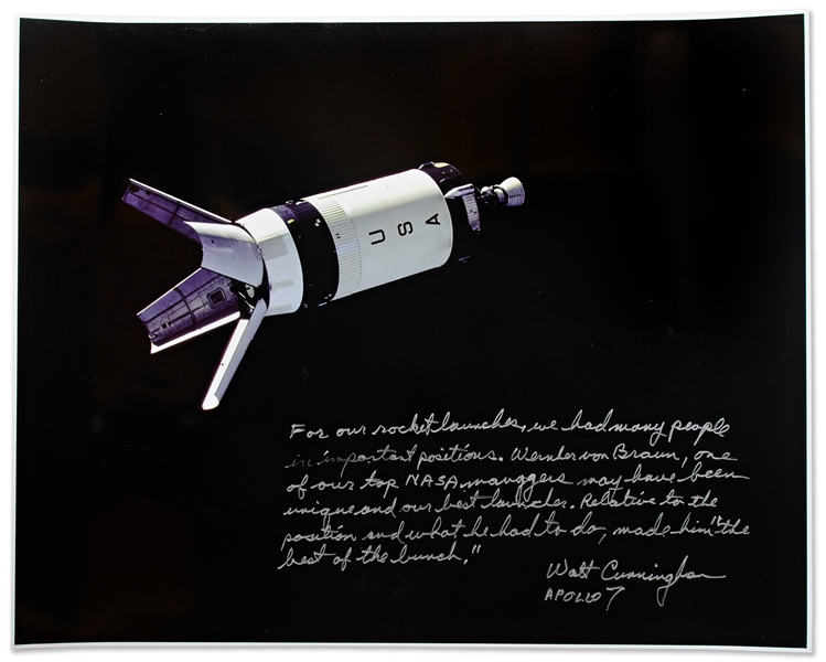 Walter Cunningham Signed 20 x 16 Photo of the Apollo 7 Saturn Rocket -- Cunningham Pays Tribute to Wernher von Braun