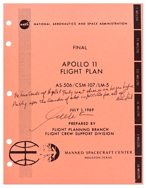 William Shatner Signed Apollo 11 Fight Plan with Handwritten Sentiment -- The brave souls of Apollo 11 truly went where no man had gone before...