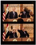 Photo of George W. Bush During the Shoe Throwing Incident -- With a Handwritten Statement by the Iraqi Journalist Who Did It -- ...It is a peaceful message of protest against mass murder...
