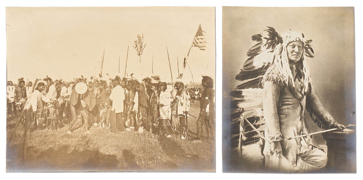 Lot of Two Photographs by David F. Barry -- Sioux War Dance & a Portrait of Chief Rain-in-the-Face, the Lakota Warrior Rumored to Have Killed George A. Custer in the Battle of Little Bighorn