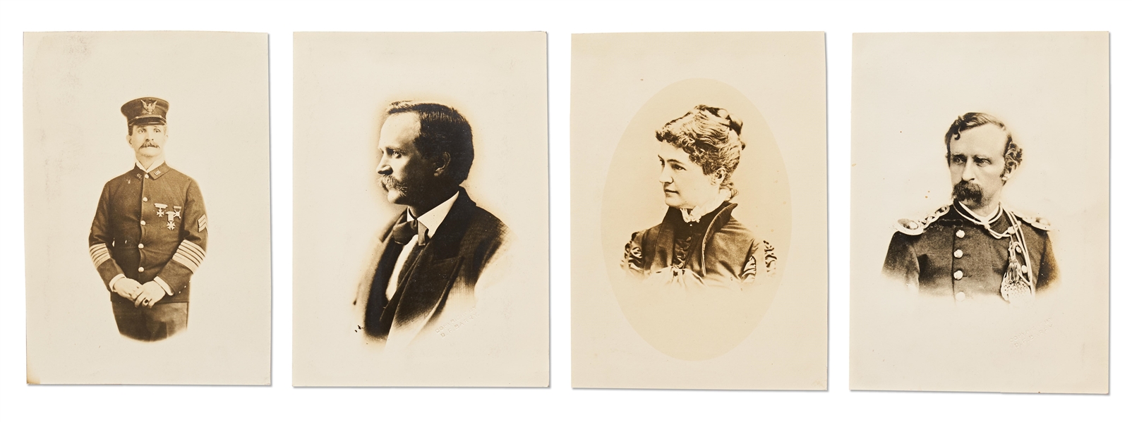 Lot of Four Photographs by David F. Barry -- Includes a Portrait of General George Custer, Custer's Wife, Custer's Scout Charles Reynolds & Custer's Bugler John Martin, Who Delivered His Last Order