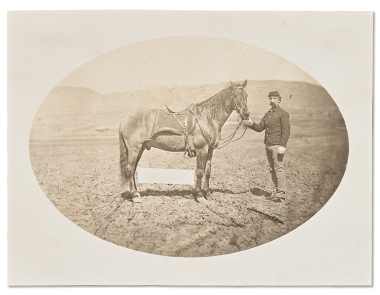 Lot of Two Photographs by David F. Barry -- Includes Photos of a Sioux Burial Place - a Body Raised up on Scaffolding - and Comanche, ''only surviving horse of the Custer Fight''