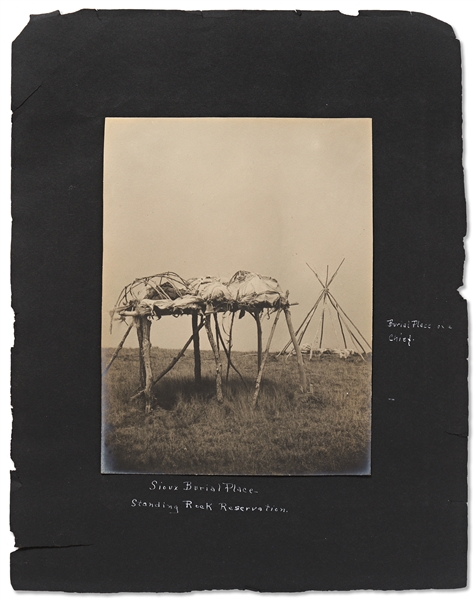 Lot of Two Photographs by David F. Barry -- Includes Photos of a Sioux Burial Place - a Body Raised up on Scaffolding - and Comanche, ''only surviving horse of the Custer Fight''