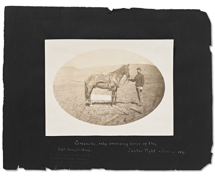 Lot of Two Photographs by David F. Barry -- Includes Photos of a Sioux Burial Place - a Body Raised up on Scaffolding - and Comanche, ''only surviving horse of the Custer Fight''