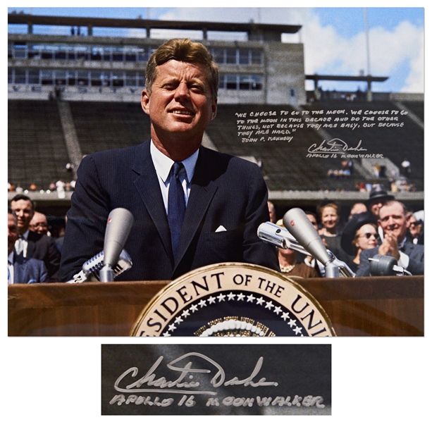 Charlie Duke Signed 20 x 16 Photo of John F. Kennedy, Quoting JFKs Famous Speech to Send U.S. Astronauts to the Moon