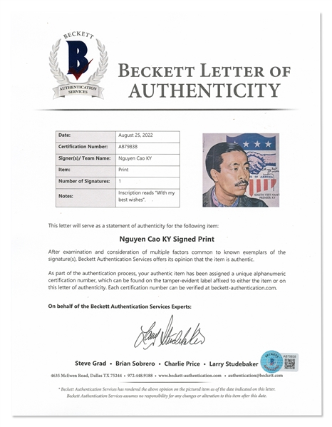 Vietnamese Prime Minister Nguyen Cao Ky Signed Portrait -- With Beckett COA
