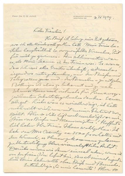 Carl Jung Autograph Letter Signed -- ''...I am very preoccupied with my paper on synchronicity...''