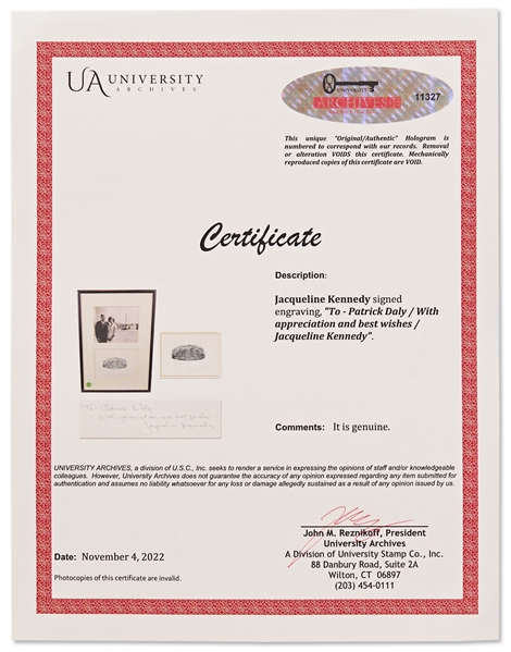 Jacqueline Kennedy Signed Engraving of a Washington DC Historic Building -- With University Archives COA
