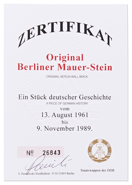 Large Piece of the Berlin Wall Measuring 7'' x 5'' x 2.5'' -- With COA from Volker Pawlowski