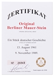Large Piece of the Berlin Wall Measuring 7'' x 5'' x 2.5'' -- With COA from Volker Pawlowski