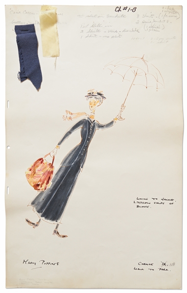 Original Mary Poppins Costume Sketch from the Famous Flying Umbrella Final Scene -- Large Sketch Measures 14.5 x 23, from the Estate of Mary Poppins Producer Bill Walsh