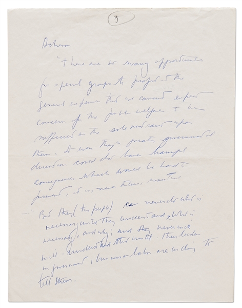 John F. Kennedy Full-Page Autograph Manuscript -- There are so many opportunities for special groups to profit at the general expense...
