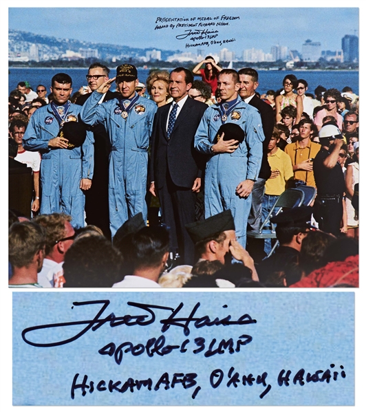 Fred Haise Signed 20 x 16 Photo of the Apollo 13 Crew Accepting the Presidential Medal of Freedom Award