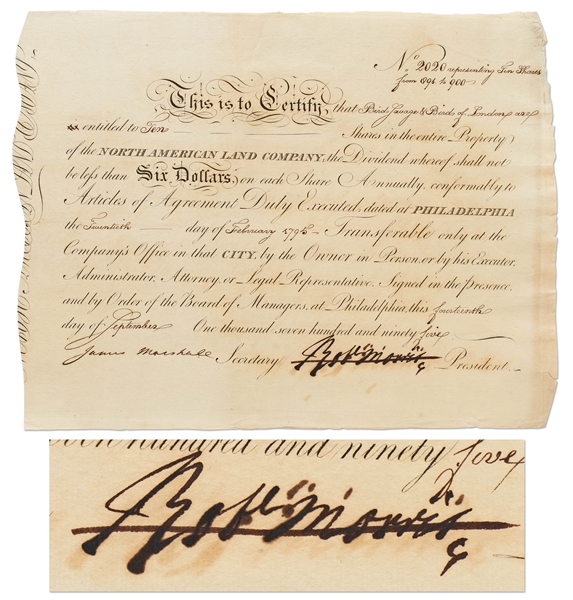 Robert Morris Signed Stock Certificate for Shares in the North American Land Company