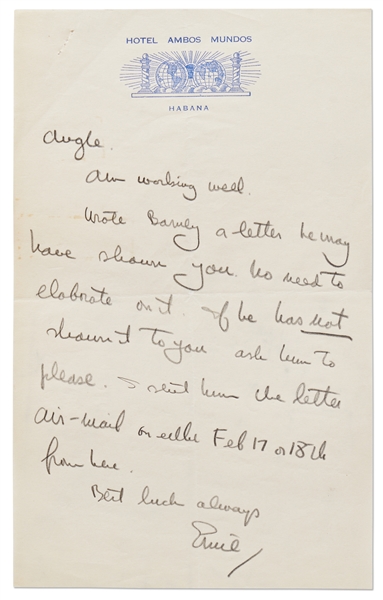 Ernest Hemingway Autograph Letter Signed on ''To Have and Have Not'' -- ''...About the Have and Not price, I would take 12,500. As matter of fact, would take 10 cash due to the censorship angle...''
