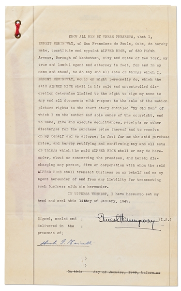 Ernest Hemingway Agreement Signed Regarding the Short Story ''My Old Man''