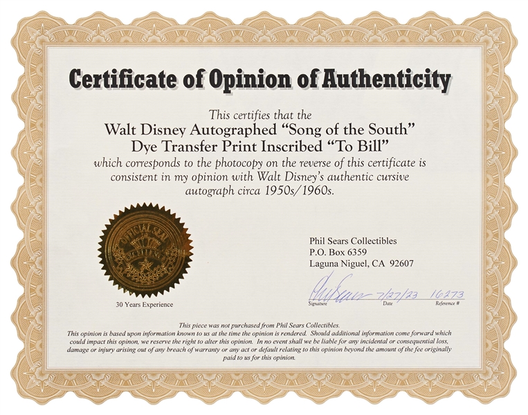 Walt Disney Signed Dye Transfer Print from ''Song of the South'' Featuring Br'er Rabbit, Br'er Fox & Br'er Bear -- With Phil Sears COA