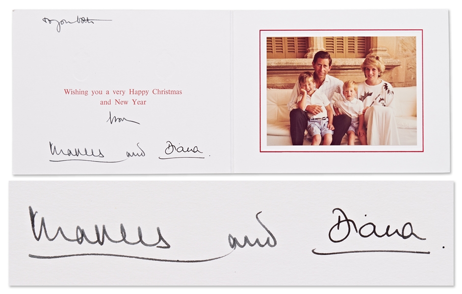 Princess Diana and Prince Charles Signed Christmas Card from 1987 -- With Family Portrait of Prince William & Prince Harry