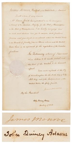 James Monroe Document Signed as President, Recognizing the Swedish Counsul in Philadelphia -- Countersigned by John Quincy Adams as Secretary of State