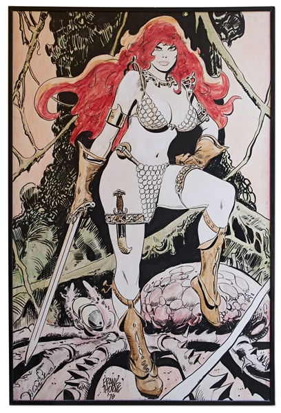 Frank Thorne Painting of ''Red Sonja'' Measuring 41'' x 60'' -- Done in 1976, Painting Hung in Thorne's Home for 45 Years