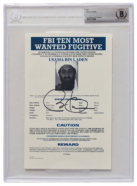 Barack Obama Signed Souvenir Photo of Osama bin Laden's FBI Most Wanted Poster -- Beckett Slabbed