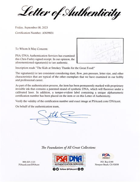 Chris Farley Signature -- With PSA/DNA COA
