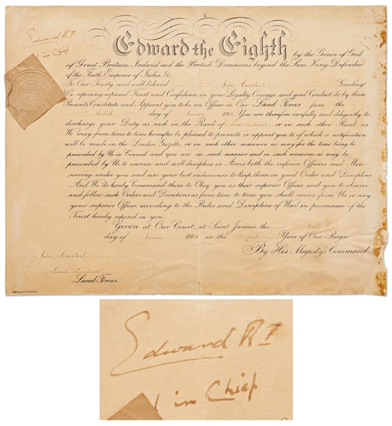 Scarce 1936 Military Appointment Signed by King Edward VIII Before His Abdication -- Edward Writes ''Col in Chief'' Under His Signature