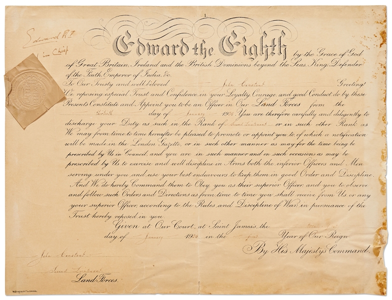 Scarce 1936 Military Appointment Signed by King Edward VIII Before His Abdication -- Edward Writes ''Col in Chief'' Under His Signature