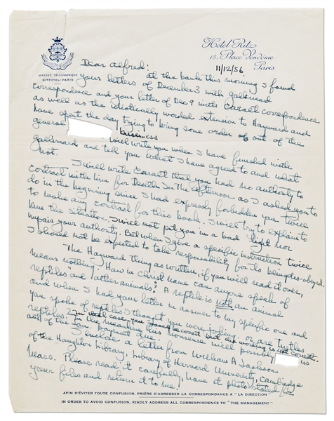 Ernest Hemingway Autograph Letter Twice-Signed and Additionally Initialed Three Times -- ''I am having the original MSS of 'A Farewell to Arms' and 'For Whom the Bell Tolls' ...appraised.''