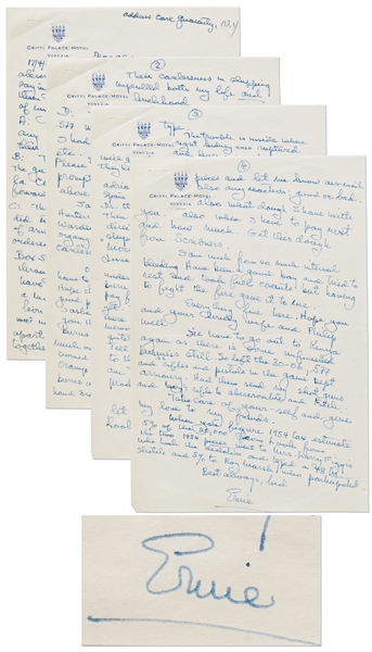 Ernest Hemingway Autograph Letter Signed -- ''...had to shoot my first lion with a borrowed .256 Mannlicher...'' & plane crash: ''...fingers burned and left hand 3rd degree too, so couldn't type...''