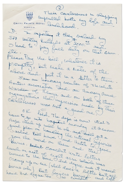 Ernest Hemingway Autograph Letter Signed -- ''...had to shoot my first lion with a borrowed .256 Mannlicher...'' & plane crash: ''...fingers burned and left hand 3rd degree too, so couldn't type...''