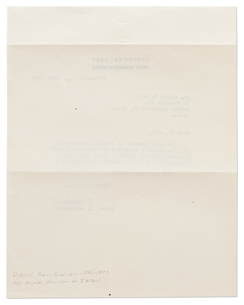 David Ben-Gurion Signature as Israeli Prime Minister from 1960