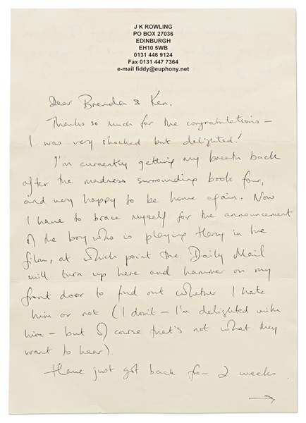J.K. Rowling Autograph Letter Signed After ''Goblet of Fire'' in 2000 -- ''madness surrounding book four...I have to brace myself for the announcement of the boy who is playing Harry in the film...''