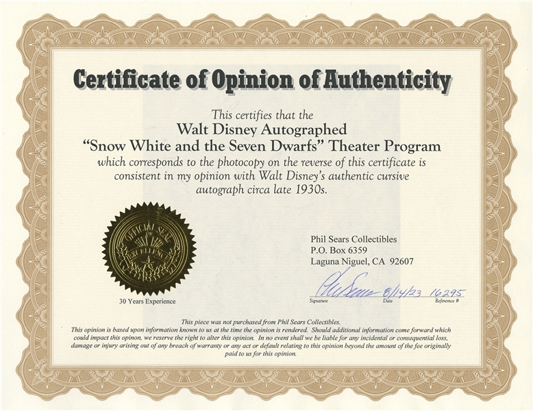 Walt Disney Signed World Premiere Program for ''Snow White and the Seven Dwarfs'' -- Disney Signs Without Inscription -- With Phil Sears COA