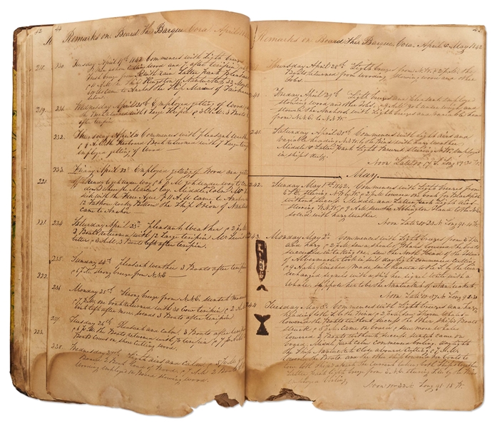 19th Century Whaling Logbook of the Bark Cora Out of New Bedford -- Documenting an Expedition to the Pacific from 1841-1845