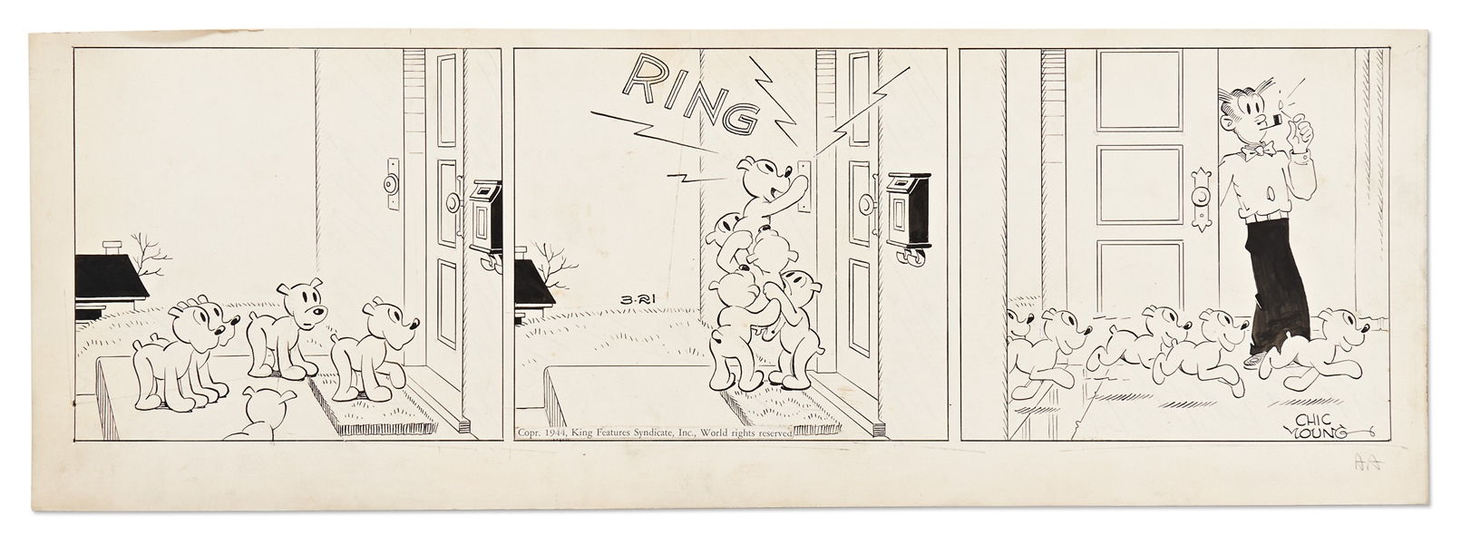 Chic Young Hand-Drawn ''Blondie'' Comic Strip From 1944 -- Daisy's Puppies Show Their Intelligence