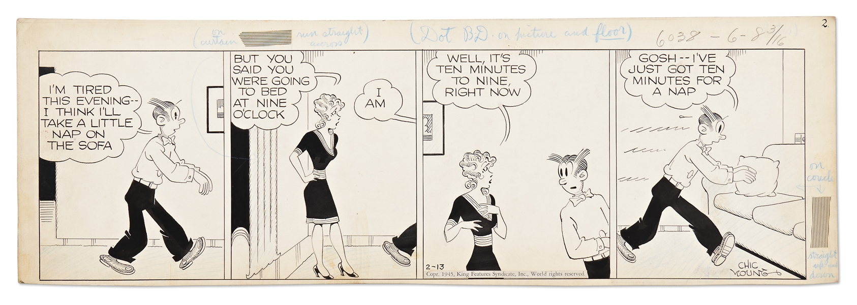 Chic Young Hand-Drawn ''Blondie'' Comic Strip From 1945 -- Dagwood Really Likes His Naps