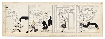 Chic Young Hand-Drawn Blondie Comic Strip From 1949 -- Dagwood Puts on His Pants Backwards in the Morning