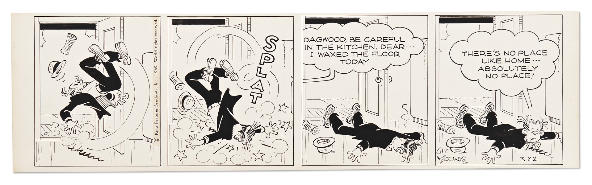 Chic Young Hand-Drawn ''Blondie'' Comic Strip From 1969 -- Excellent Physical Comedy as Dagwood Slips on the Waxy Floor