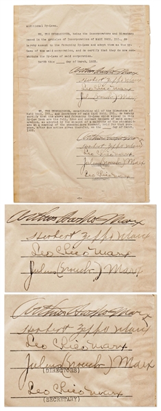 Marx Brothers Corporate By-Laws from 1933 Signed by All Four with Both Their Legal & Stage Names -- Scarce Agreement Signed a Total of Nine Times by the Brothers