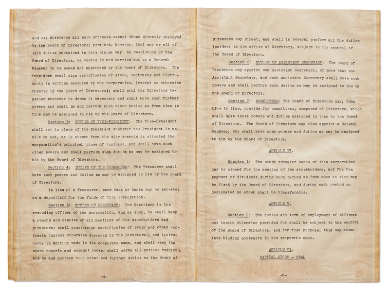 Marx Brothers Corporate By-Laws from 1933 Signed by All Four with Both Their Legal & Stage Names -- Scarce Agreement Signed a Total of Nine Times by the Brothers