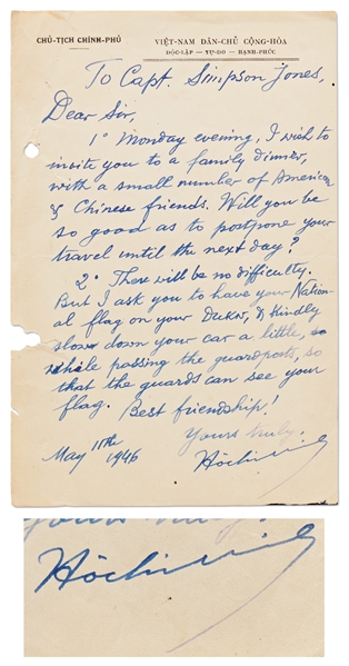 Ho Chi Minh Autograph Letter Signed from 1946 as President and Prime Minister of the Newly Formed Democratic Republic of Vietnam -- Inviting a British Officer to Dine with American & Chinese Friends