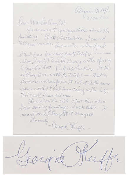 Georgia O'Keeffe Autograph Letter Signed Regarding Her Famous Painting, ''Pink Abstraction'' -- ''...I went to Lake George in the spring I painted that 'Pink Abstraction...''