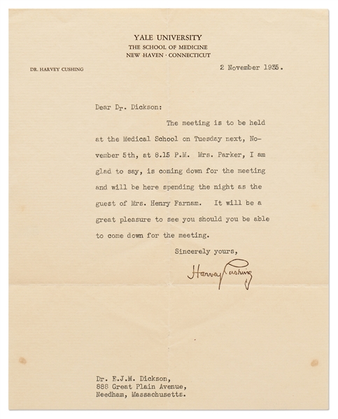 Harvey Cushing Letter Signed from 1935 on Yale University School of Medicine Letterhead