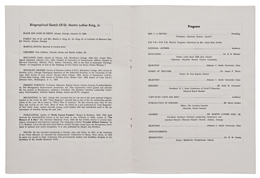 Martin Luther King Signed Civil Rights Program from 1960 -- Without Inscription -- With University Archives COA