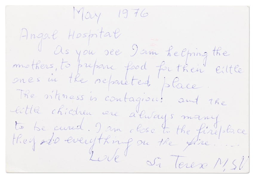 Mother Teresa Autograph Note Signed -- ''...I am helping the mothers, to prepare food for their little ones...''