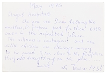 Mother Teresa Autograph Note Signed -- ''...I am helping the mothers, to prepare food for their little ones...''